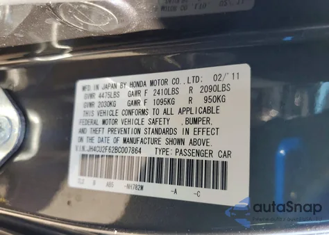 2011 Acura Tsx из США, поврежденный, VIN JH4CU2F62BC007864